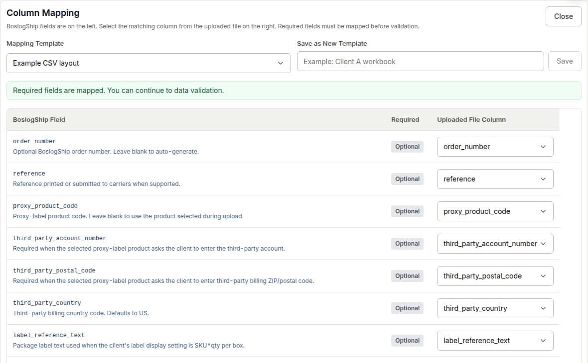 Existing upload column mapping panel with demonstration data