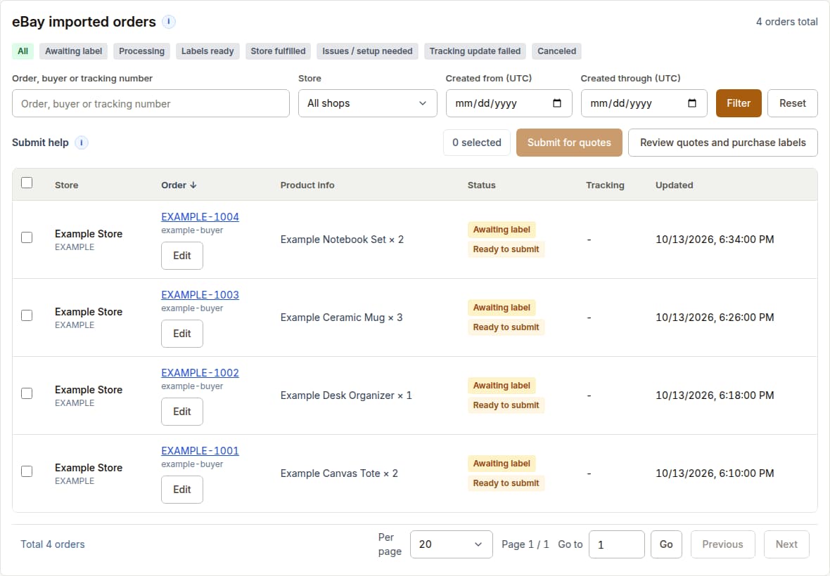 Existing eBay imported orders workspace with demonstration data